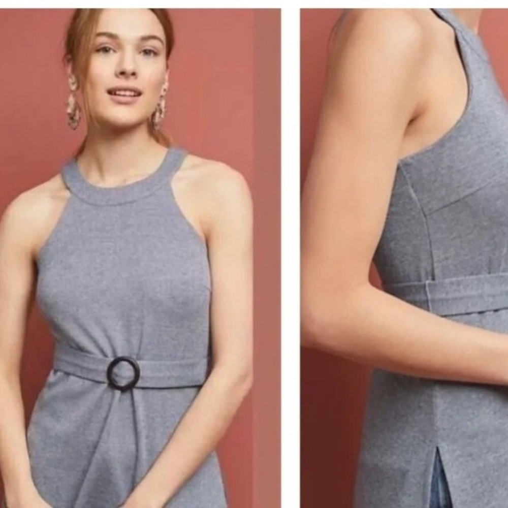 Anthropologie Womens Navy And White High Neck Racerback Belted Tank L